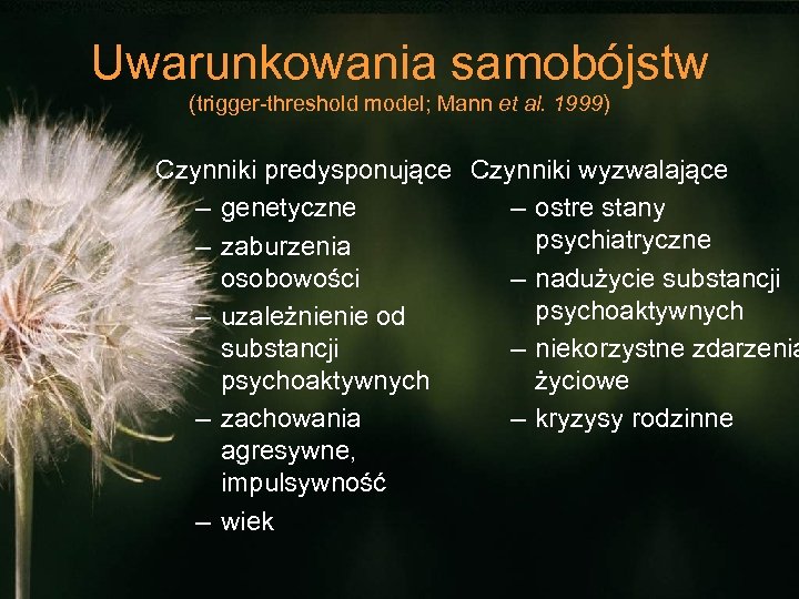 Uwarunkowania samobójstw (trigger-threshold model; Mann et al. 1999) Czynniki predysponujące Czynniki wyzwalające – genetyczne