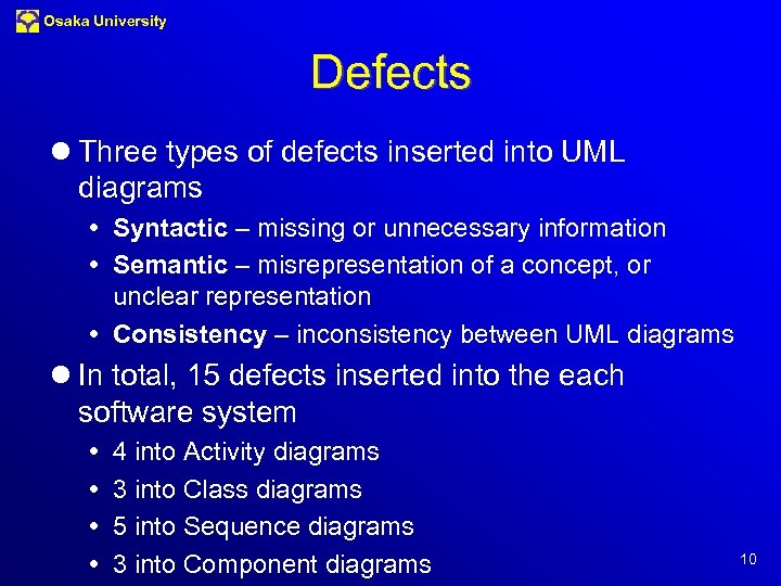 Osaka University Defects l Three types of defects inserted into UML diagrams Syntactic –