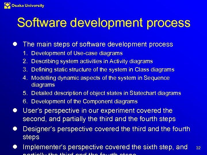 Osaka University Software development process l The main steps of software development process 1.