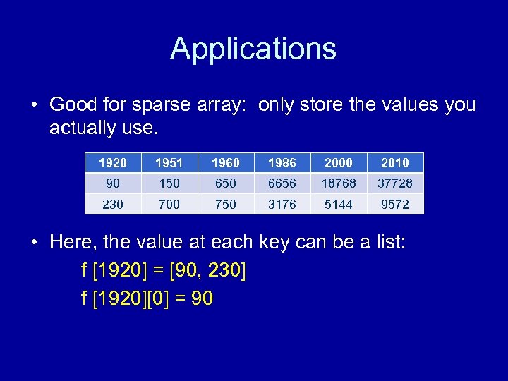 Applications • Good for sparse array: only store the values you actually use. 1920