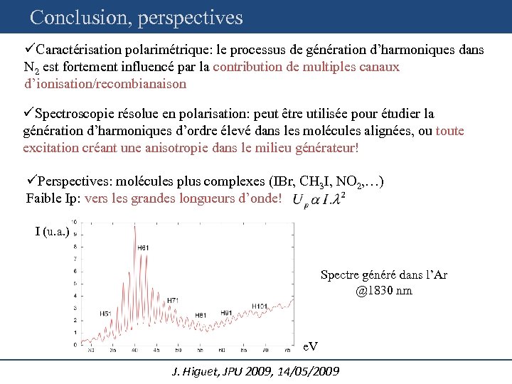 Conclusion, perspectives üCaractérisation polarimétrique: le processus de génération d’harmoniques dans N 2 est fortement