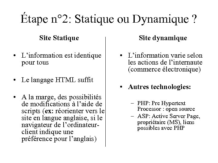 Étape n° 2: Statique ou Dynamique ? Site Statique Site dynamique • L’information est