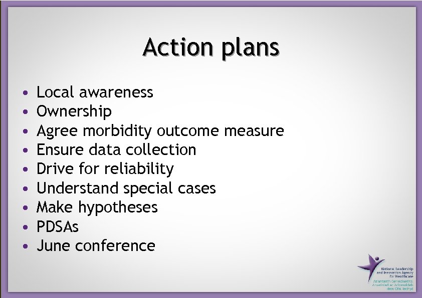 Action plans • • • Local awareness Ownership Agree morbidity outcome measure Ensure data