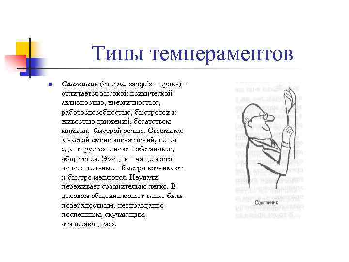 Типы темпераментов n Сангвиник (от лат. sanquis – кровь) – отличается высокой психической активностью,