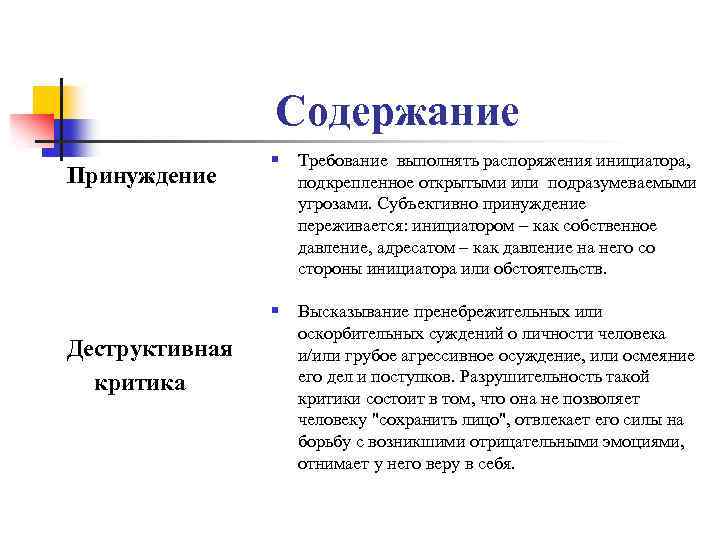 Содержание Принуждение § Требование выполнять распоряжения инициатора, подкрепленное открытыми или подразумеваемыми угрозами. Субъективно принуждение