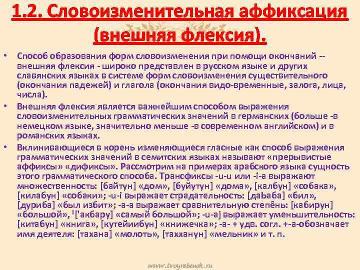 1. 2. Словоизменительная аффиксация (внешняя флексия). • Способ образования форм словоизменения при помощи окончаний