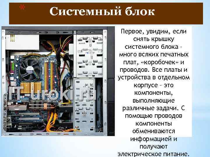 * Системный блок Первое, увидим, если снять крышку системного блока – много всяких печатных