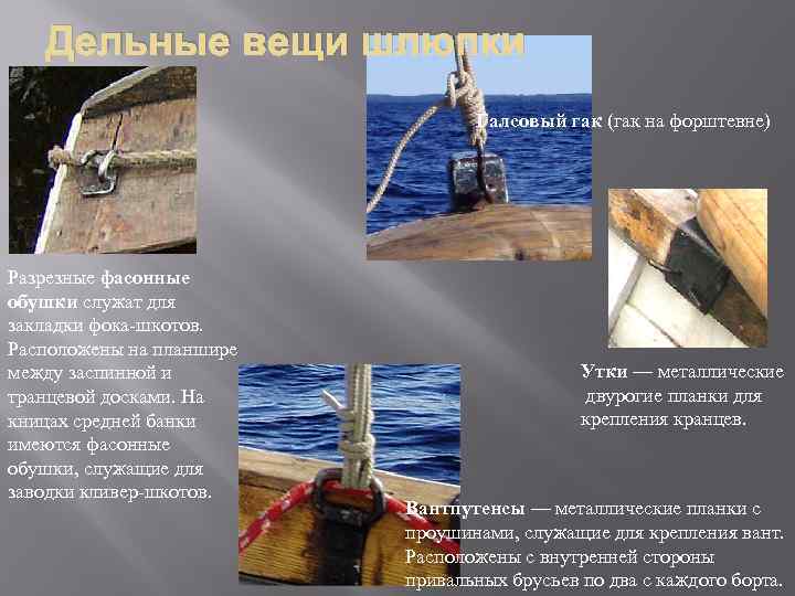 Дельные вещи шлюпки Галсовый гак (гак на форштевне) Разрезные фасонные обушки служат для закладки