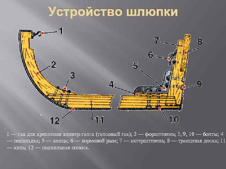 Устройство шлюпки 1 — гак для крепления кливер-галса (галсовый гак); 2 — форштевень; 3,