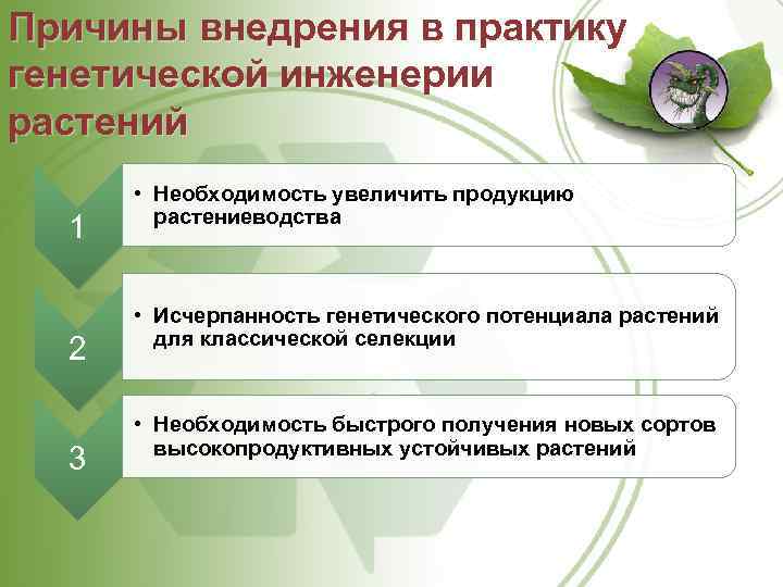Причины внедрения в практику генетической инженерии растений 1 2 3 • Необходимость увеличить продукцию