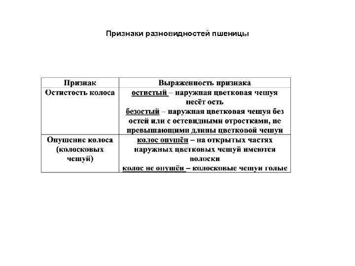 Признаки разновидностей пшеницы 