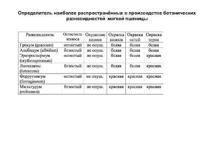 Определитель наиболее распространённых в производстве ботанических разновидностей мягкой пшеницы 