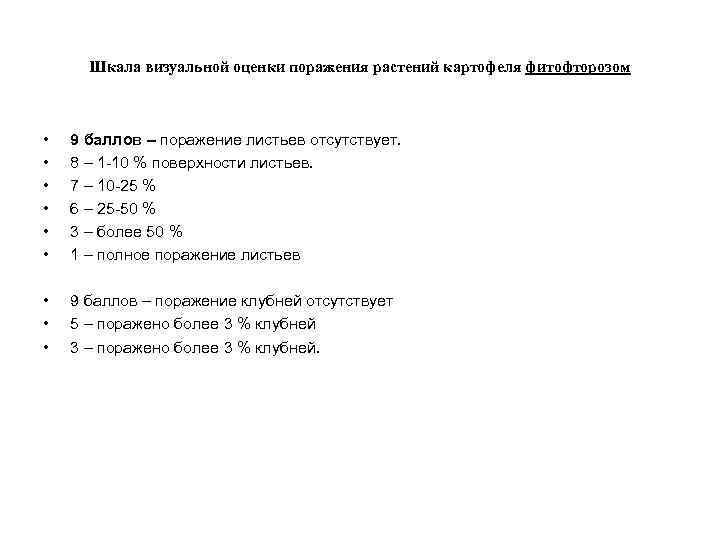 Шкала визуальной оценки поражения растений картофеля фитофторозом • • • 9 баллов – поражение
