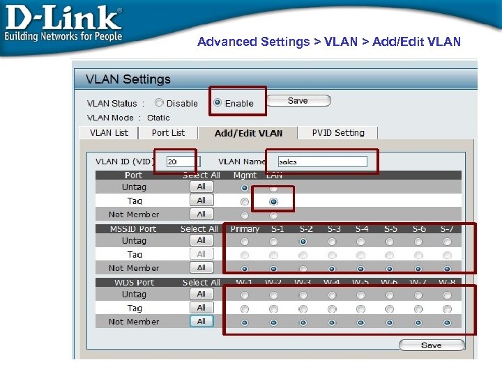 Advanced Settings > VLAN > Add/Edit VLAN 