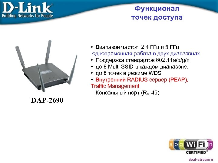 Функционал точек доступа • Диапазон частот: 2. 4 ГГц и 5 ГГц одновременная работа