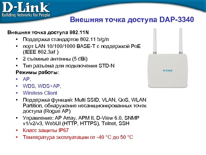 Внешняя точка доступа DAP-3340 Внешняя точка доступа 802. 11 N • Поддержка стандартов 802.