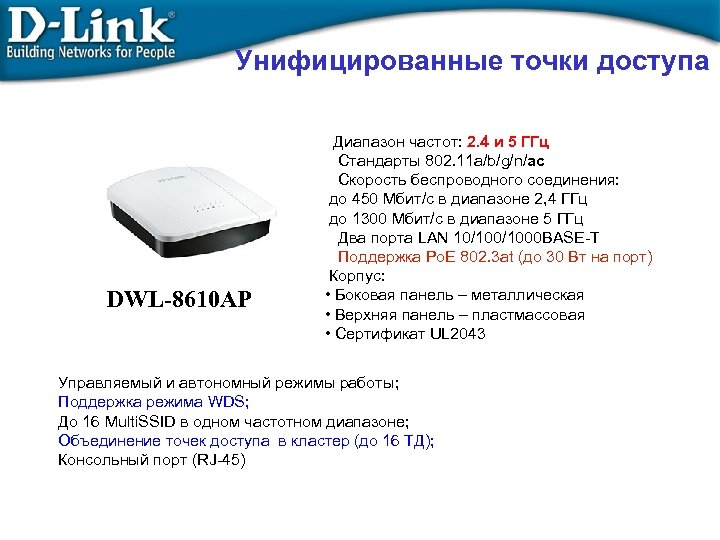 Унифицированные точки доступа DWL-8610 AP Диапазон частот: 2. 4 и 5 ГГц Стандарты 802.