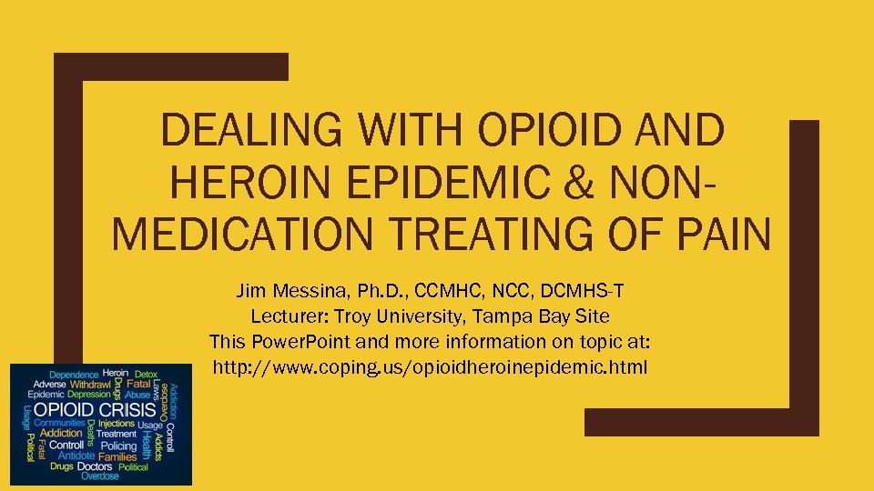 DEALING WITH OPIOID AND HEROIN EPIDEMIC & NONMEDICATION TREATING OF PAIN Jim Messina, Ph.