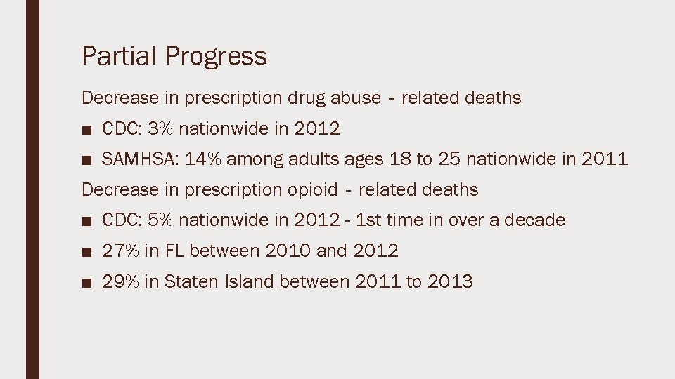 Partial Progress Decrease in prescription drug abuse‐related deaths ■ CDC: 3% nationwide in 2012