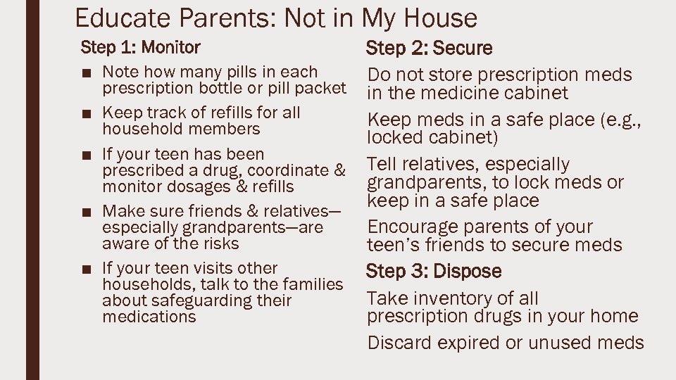 Educate Parents: Not in My House Step 1: Monitor ■ Note how many pills