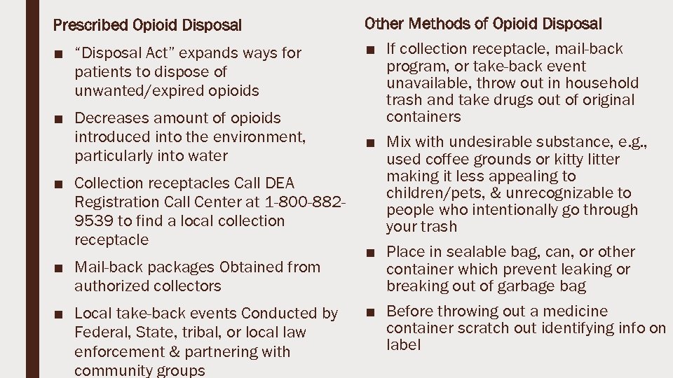 Prescribed Opioid Disposal Other Methods of Opioid Disposal ■ “Disposal Act” expands ways for