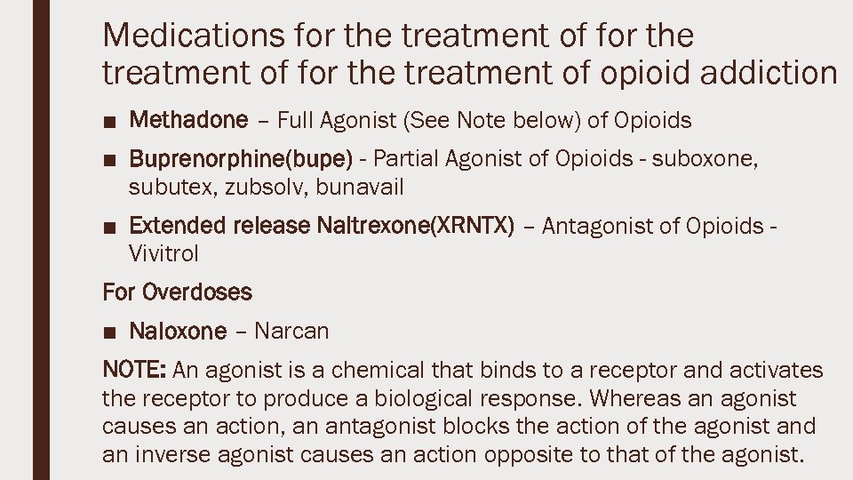 Medications for the treatment of opioid addiction ■ Methadone – Full Agonist (See Note