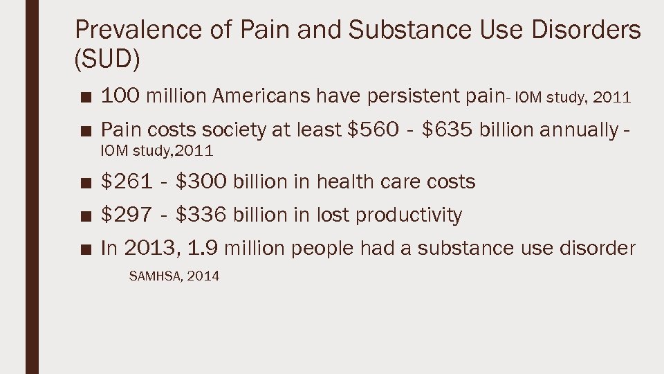 Prevalence of Pain and Substance Use Disorders (SUD) ■ 100 million Americans have persistent