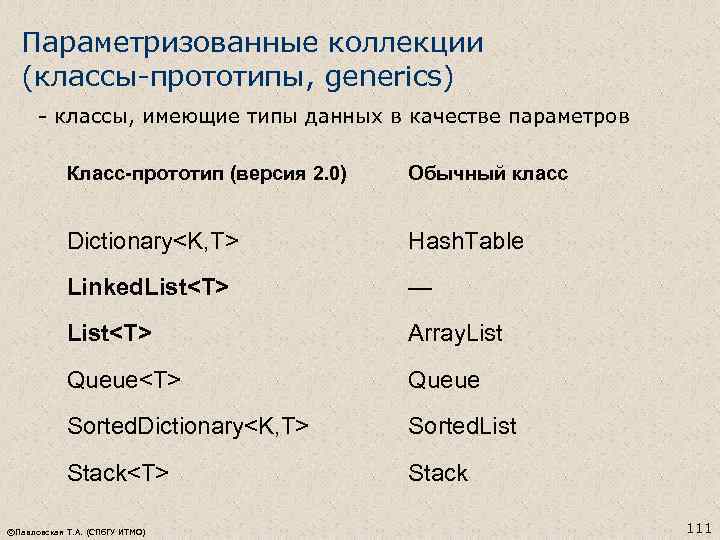 Параметризованные коллекции (классы-прототипы, generics) - классы, имеющие типы данных в качестве параметров Класс-прототип (версия