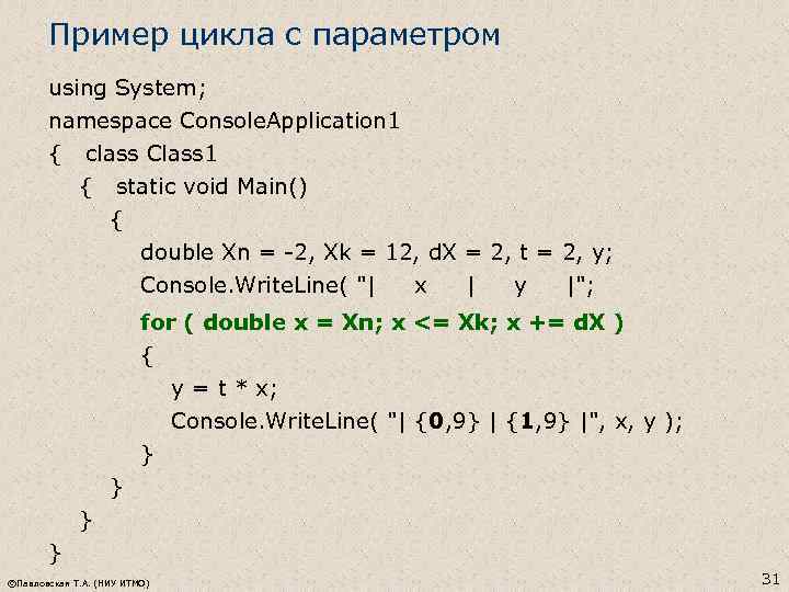 Пример цикла с параметром using System; namespace Console. Application 1 { class Class 1