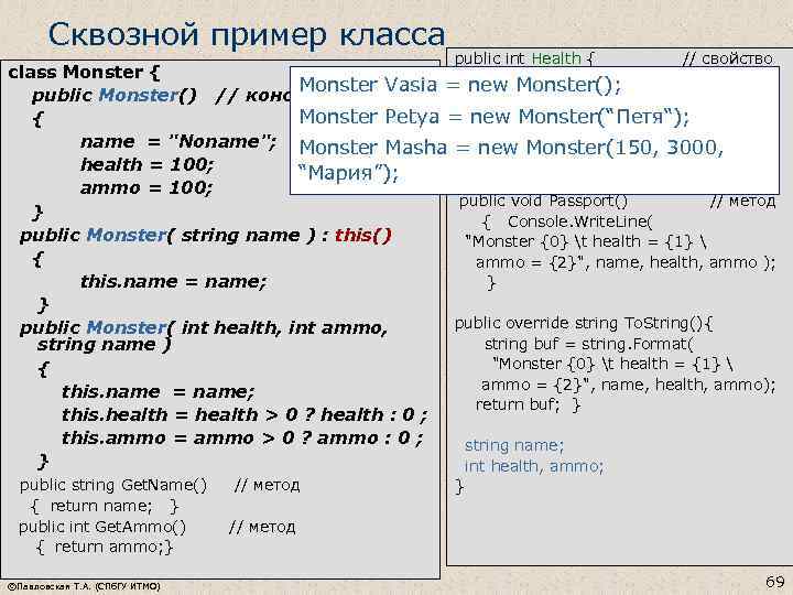 Сквозной пример класса public int Health { // свойство class Monster { get {