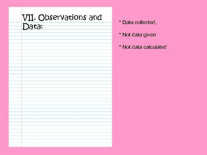 VII. Observations and Data: * Data collected, * Not data given * Not data