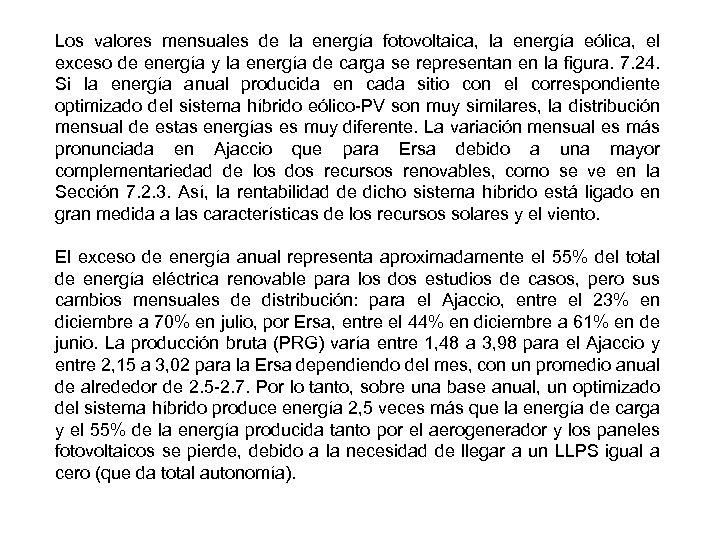 Los valores mensuales de la energía fotovoltaica, la energía eólica, el exceso de energía