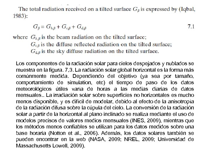 Los componentes de la radiación solar para cielos despejados y nublados se muestra en