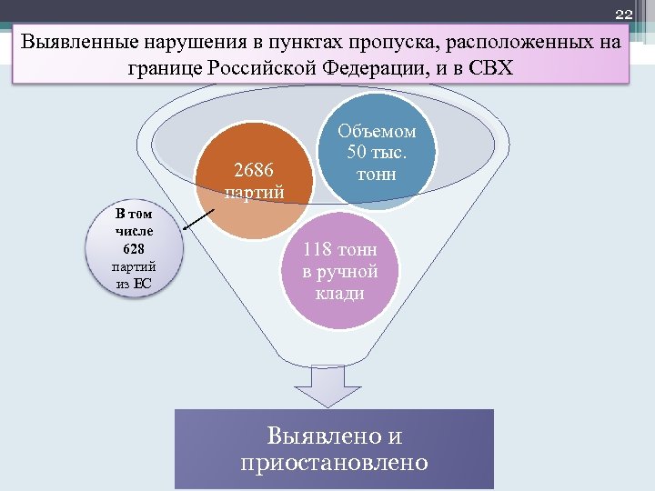 22 Выявленные нарушения в пунктах пропуска, расположенных на границе Российской Федерации, и в СВХ