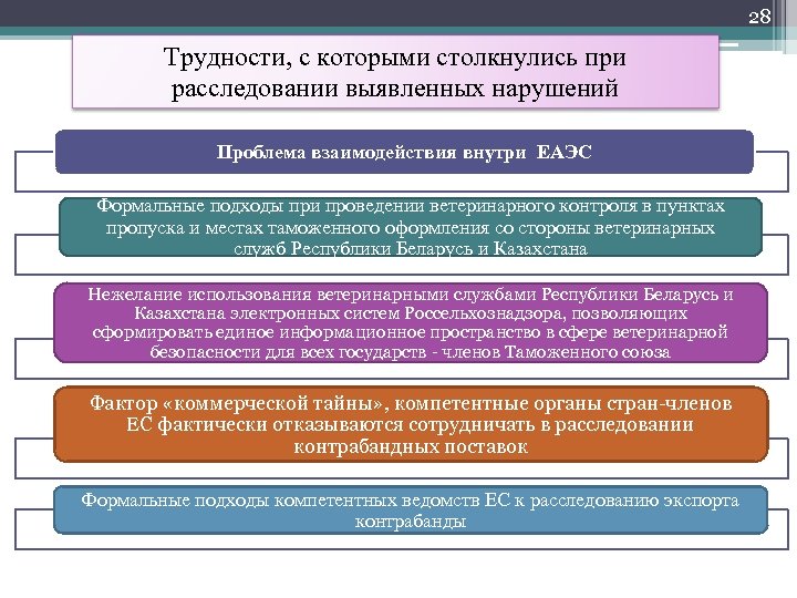 28 Трудности, с которыми столкнулись при расследовании выявленных нарушений Проблема взаимодействия внутри ЕАЭС Формальные