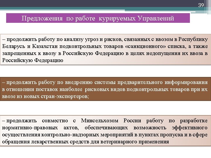 39 Предложения по работе курируемых Управлений – продолжить работу по анализу угроз и рисков,