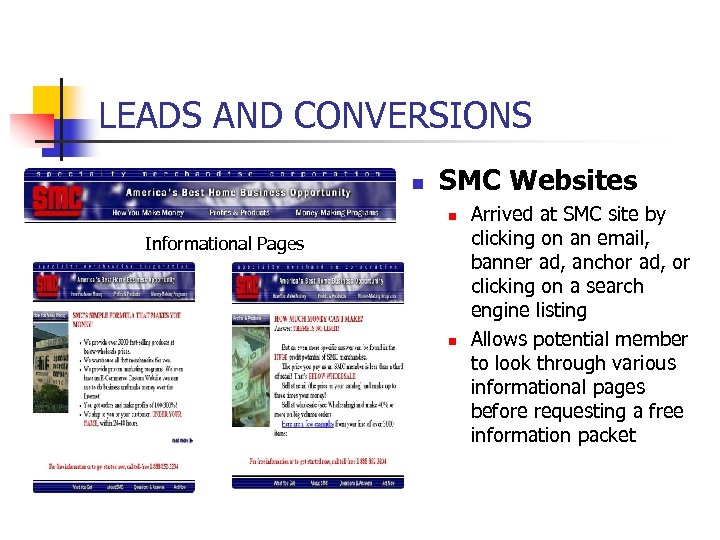 LEADS AND CONVERSIONS n SMC Websites n Informational Pages n Arrived at SMC site