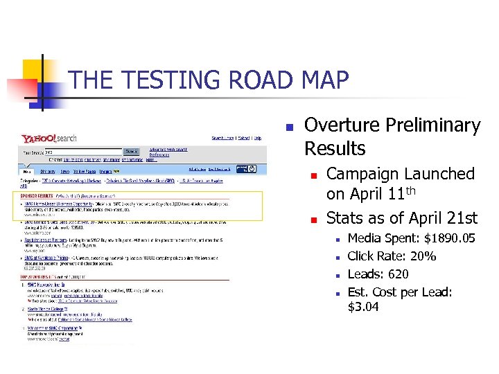 THE TESTING ROAD MAP n Overture Preliminary Results n n Campaign Launched on April