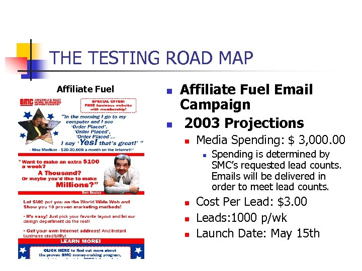 THE TESTING ROAD MAP Affiliate Fuel n n Affiliate Fuel Email Campaign 2003 Projections