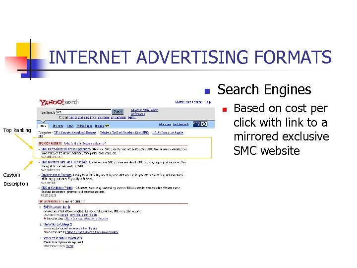 INTERNET ADVERTISING FORMATS n Search Engines n Top Ranking Custom Description Based on cost