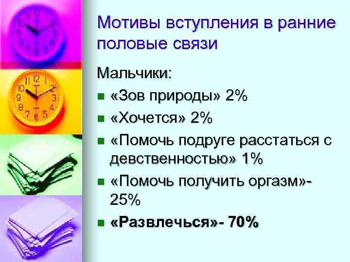 Мотивы вступления в ранние половые связи Мальчики: n «Зов природы» 2% n «Хочется» 2%