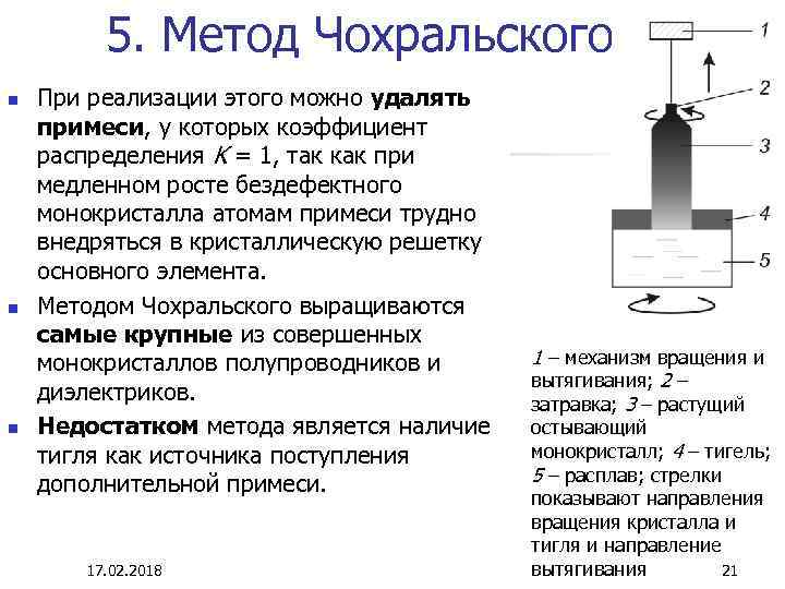 5. Метод Чохральского n n n При реализации этого можно удалять примеси, у которых