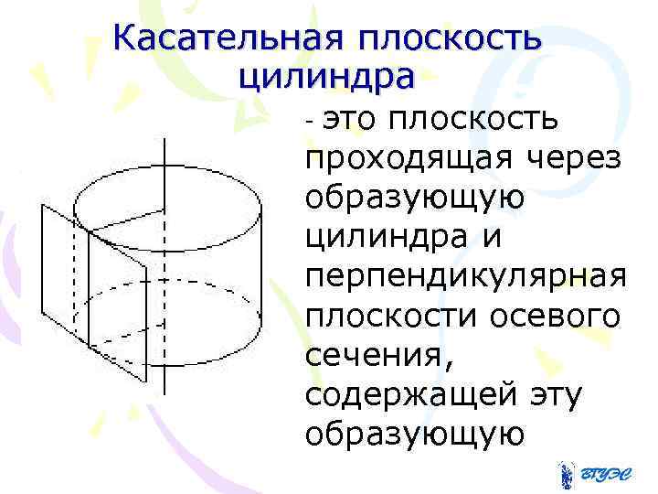 Через образующую. Сечение цилиндра перпендикулярное образующей. Касательная плоскость к цилиндру. Плоскость проходящая через образующую цилиндра. Образующие цилиндра перпендикулярны.