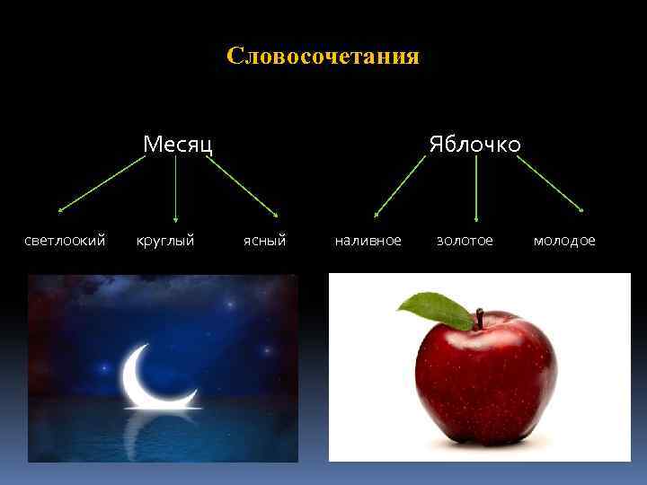 Словосочетания Месяц светлоокий круглый Яблочко ясный наливное золотое молодое 