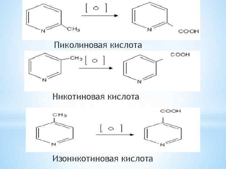 Пиколиновая кислота Никотиновая кислота Изоникотиновая кислота 