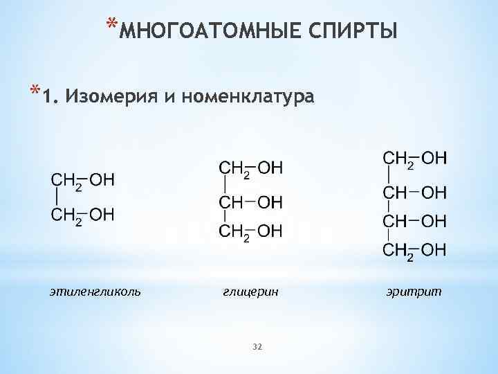 *МНОГОАТОМНЫЕ СПИРТЫ *1. Изомерия и номенклатура этиленгликоль глицерин 32 эритрит 