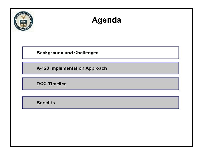 Agenda Background and Challenges A-123 Implementation Approach DOC Timeline Benefits 