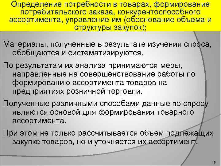 Определение потребности в товарах, формирование потребительского заказа, конкурентоспособного ассортимента, управление им (обоснование объема и