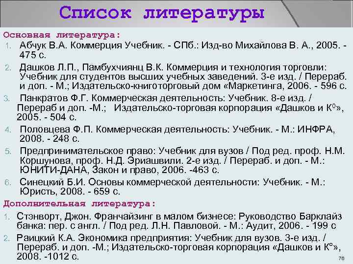 Список литературы Основная литература: 1. Абчук В. А. Коммерция Учебник. СПб. : Изд во