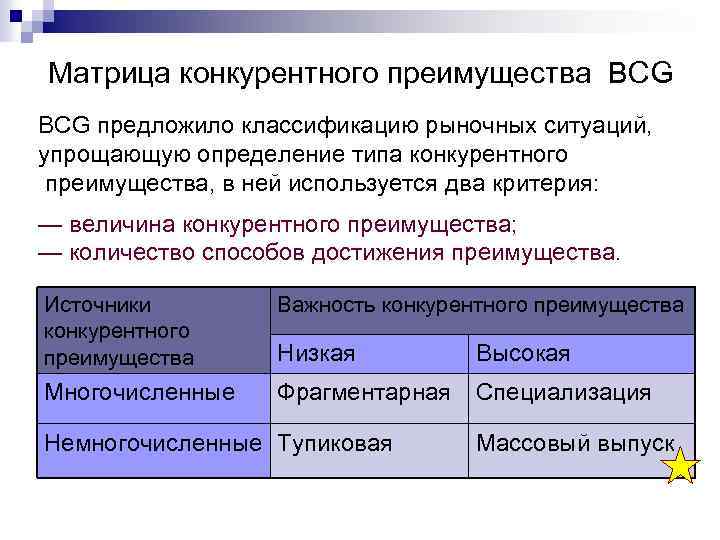 Матрица конкурентного преимущества BCG предложило классификацию рыночных ситуаций, упрощающую определение типа конкурентного преимущества, в